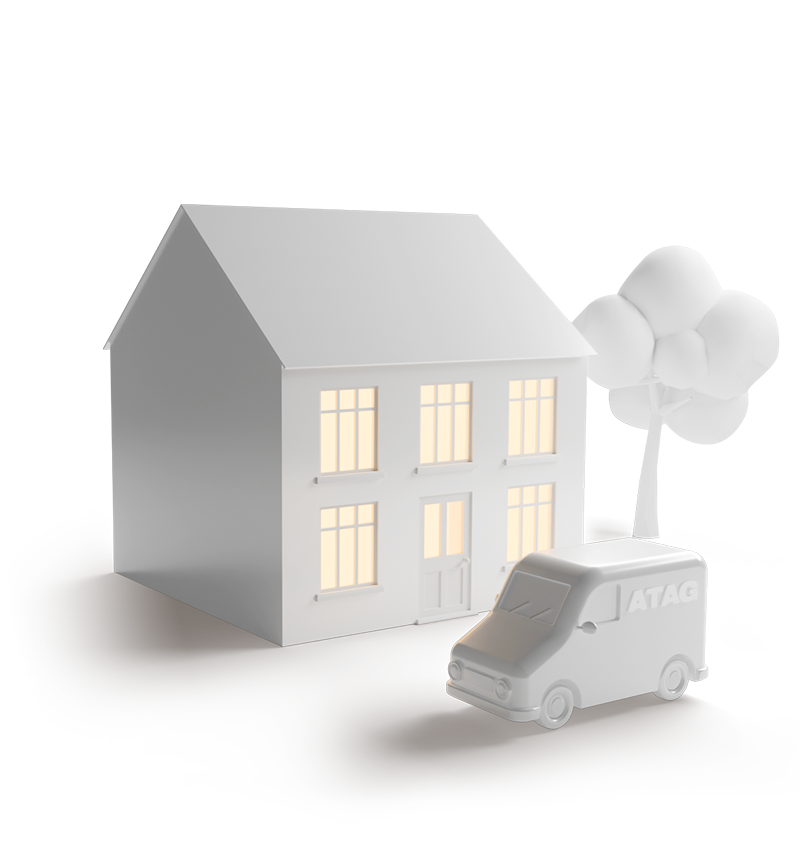 3D render of an ATAG branded van outside a house