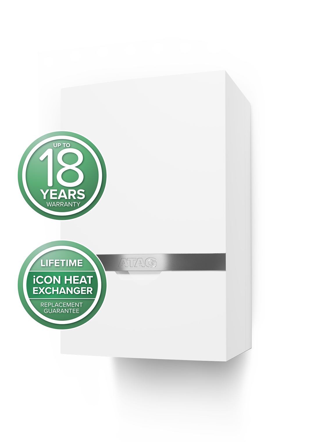 3D image of a boiler with 'Up to 18 years warranty' and 'Lifetime iCon Heat Exchanger Replacement Guarantee' stickers on it
